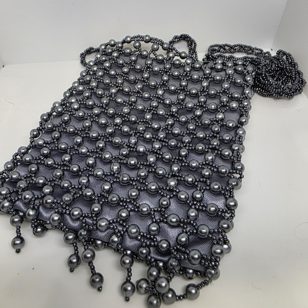 Giorgio Beverly Hills Vintage Elegant Beaded Gray Mini Bag Crossbody 5×4" - Picture 2 of 9
